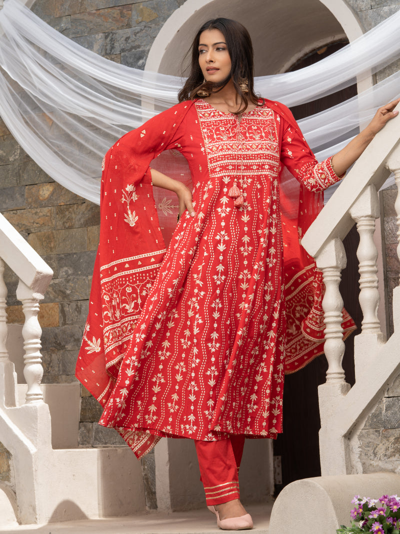 Women's Red Cotton Cambric Printed With Sequins Work Anarkali Kurta With Pant & Dupatta - Navyaa