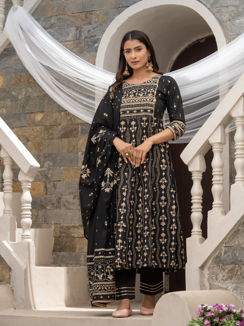 Women's Black Cotton Cambric Printed With Sequins Work Anarkali Kurta With Pant & Dupatta - Navyaa