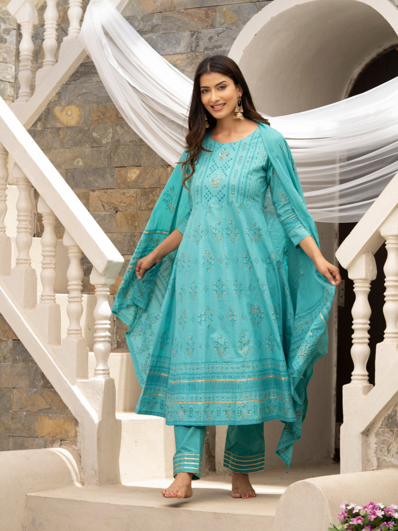 Women's Sky Blue Cotton Cambric Printed With Sequins Work Anarkali Kurta With Pant & Dupatta - Navyaa