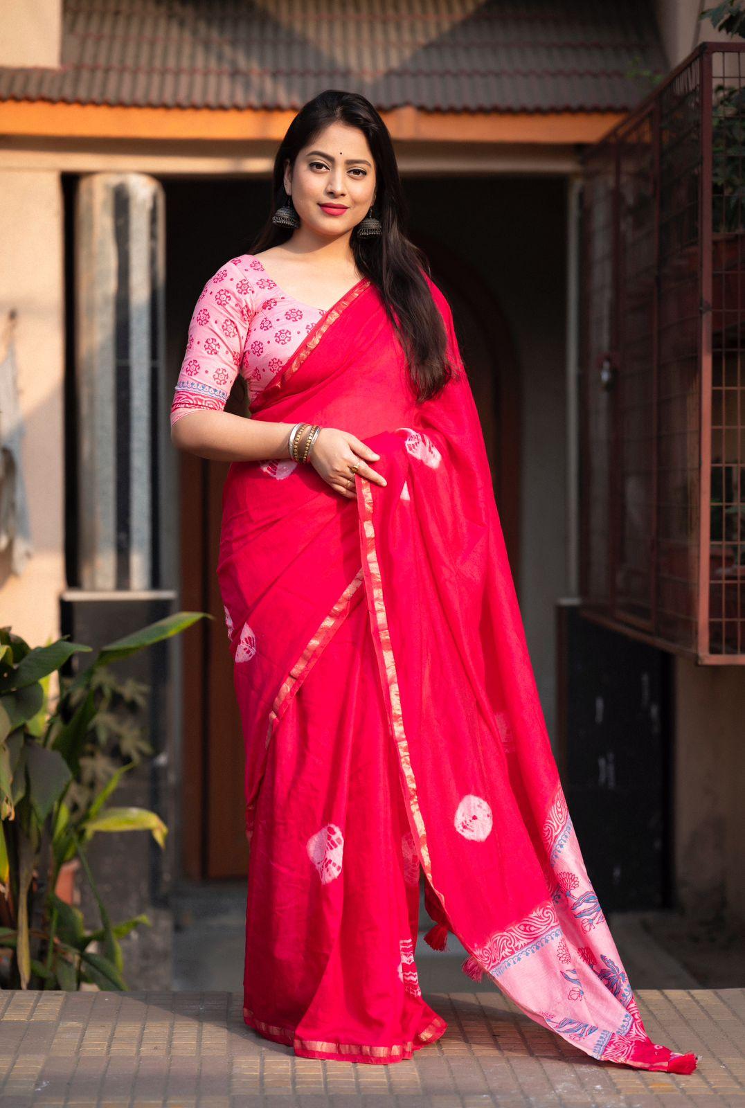 Women's Rani Pure Cotton Hand Printed Saree With Blouse - A2M