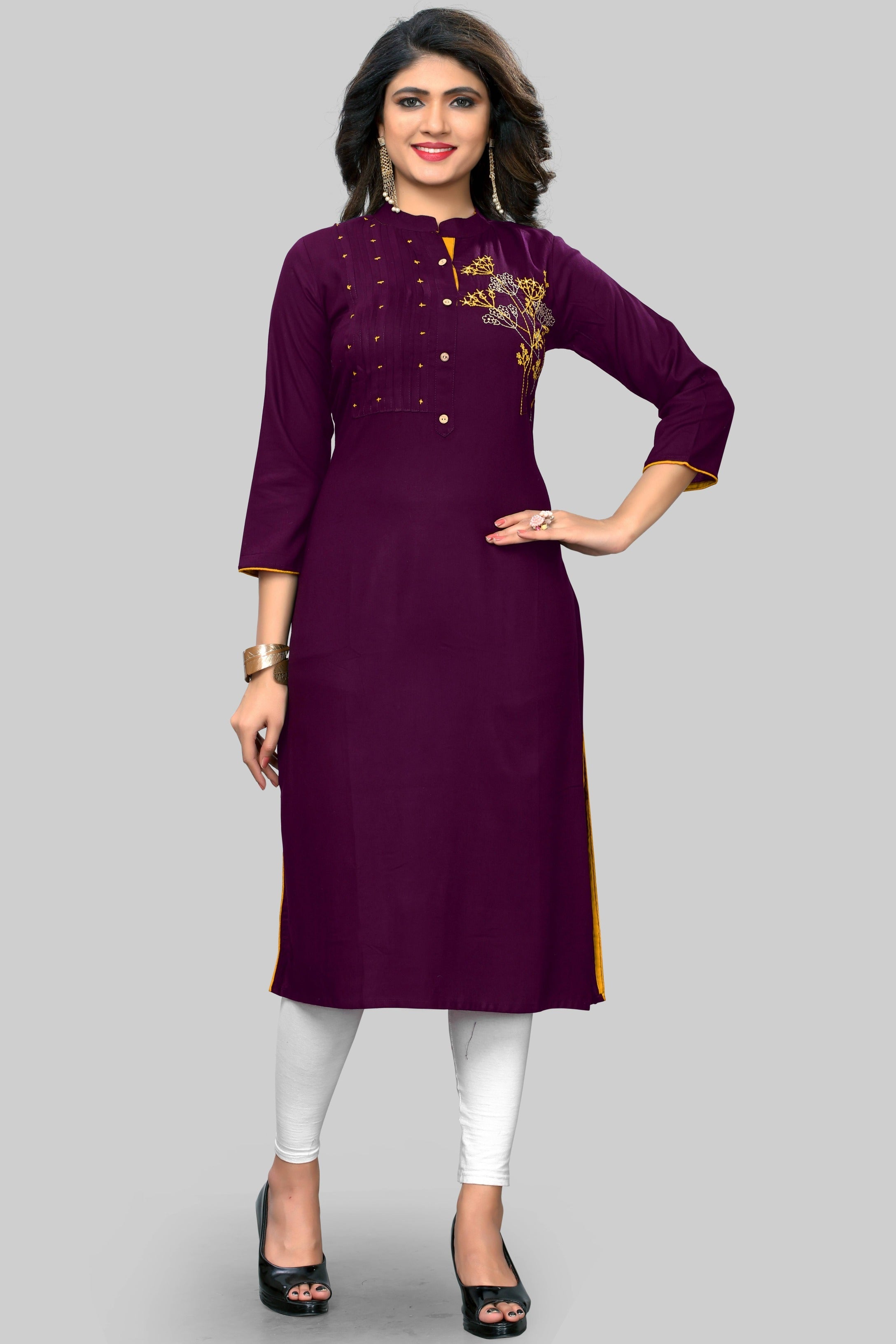 Women's Embroidered Straight Rayon Purple Kurta Only