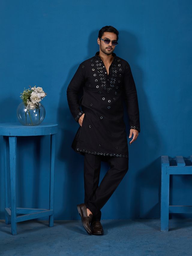 Men's Black Viscose Slik Real Mirror Work With Threads Kurta Set
