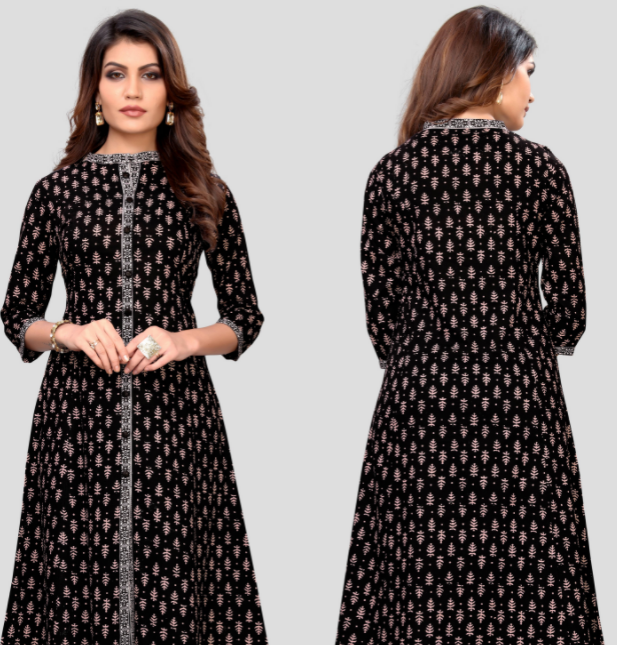 Women's Black Color Cotton Flared Kurta  (1Pc)