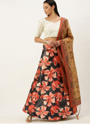 Women's Digital Print Shiney Satin Semistitched Lehenga Choli With Unstitched Blouse And Thred Work Dupatta