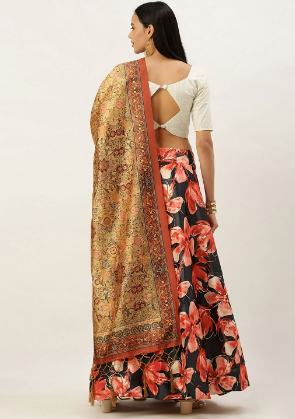 Women's Digital Print Shiney Satin Semistitched Lehenga Choli With Unstitched Blouse And Thred Work Dupatta