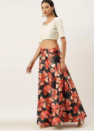 Women's Digital Print Shiney Satin Semistitched Lehenga Choli With Unstitched Blouse And Thred Work Dupatta