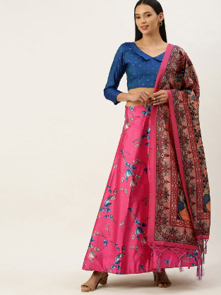 Women's Digital Print Shiney Satin Semistitched Lehenga Choli With Unstitched Blouse And Thred Work Dupatta