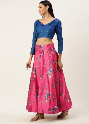 Women's Digital Print Shiney Satin Semistitched Lehenga Choli With Unstitched Blouse And Thred Work Dupatta