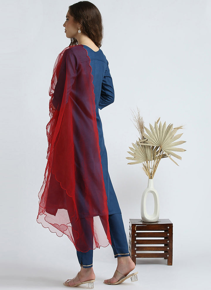 Women's Royal-Blue Cotton Embroidered Kurta Sets