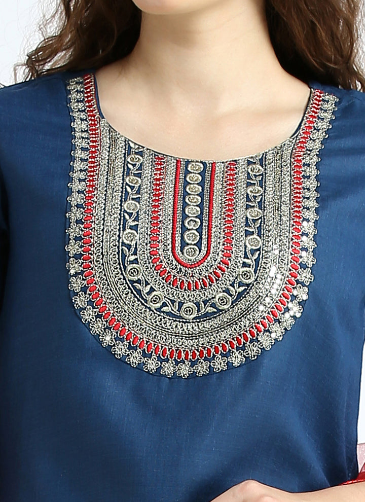 Women's Royal-Blue Cotton Embroidered Kurta Sets