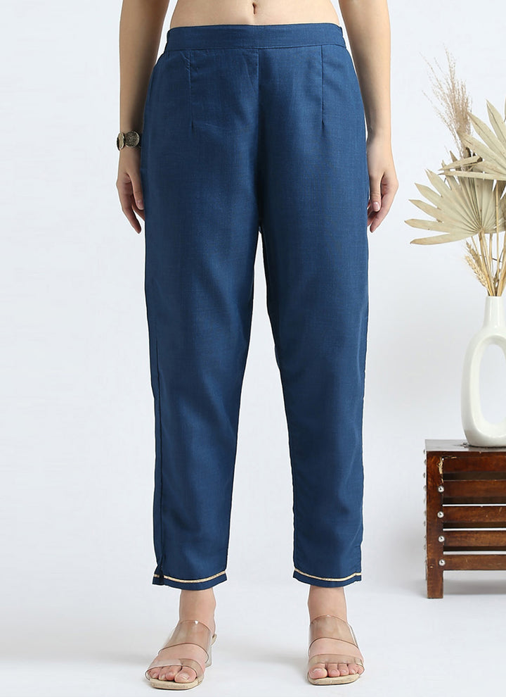 Women's Royal-Blue Cotton Embroidered Kurta Sets