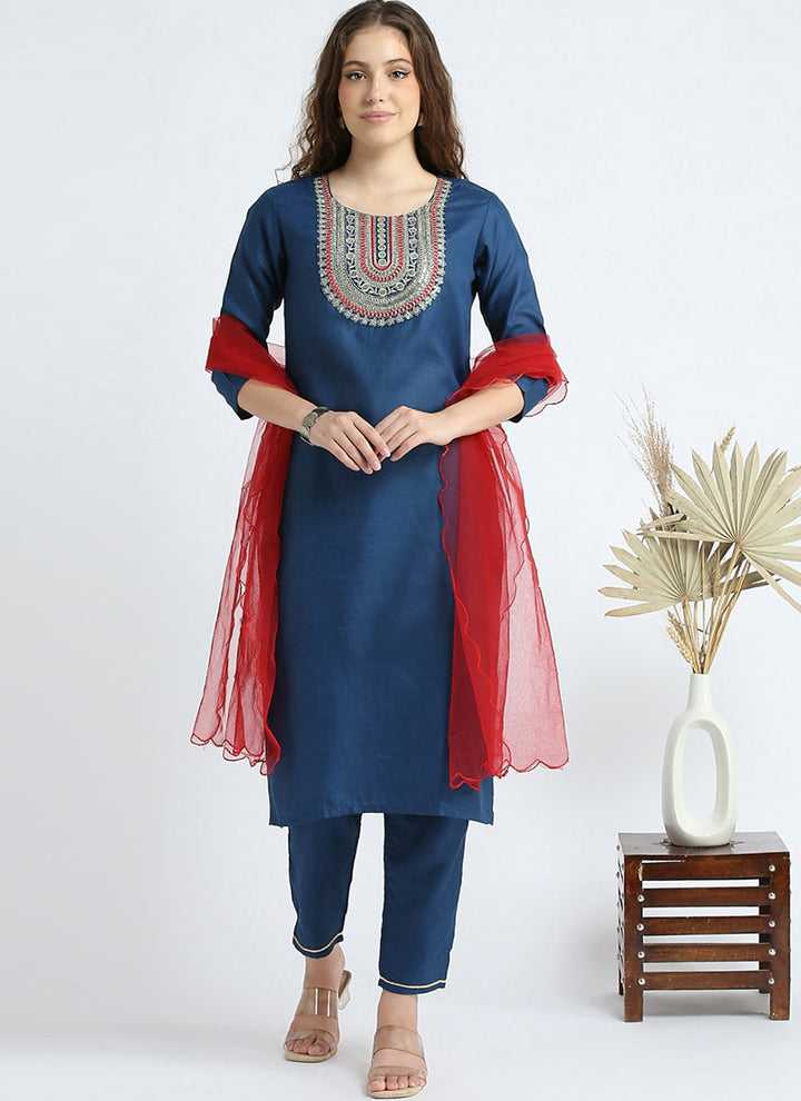 Women's Royal-Blue Cotton Embroidered Kurta Sets