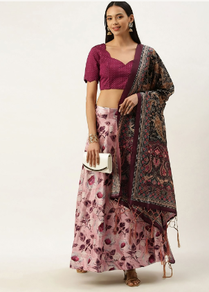 Women's Digital Print Shiney Satin Semistitched Lehenga Choli With Unstitched Blouse And Thred Work Dupatta