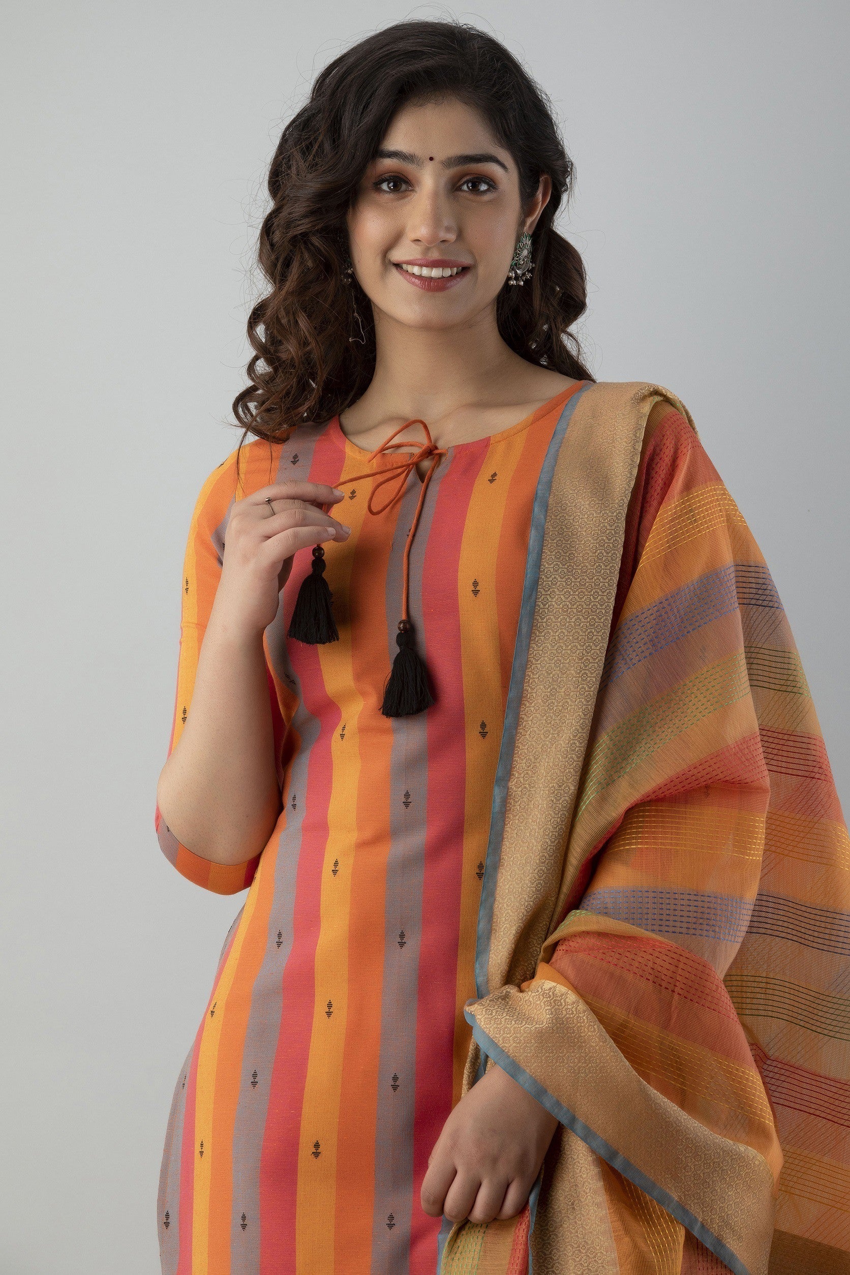Women's Striped & Woven Cotton Blend Straight Kurta Pant & Dupatta Set (Orange)