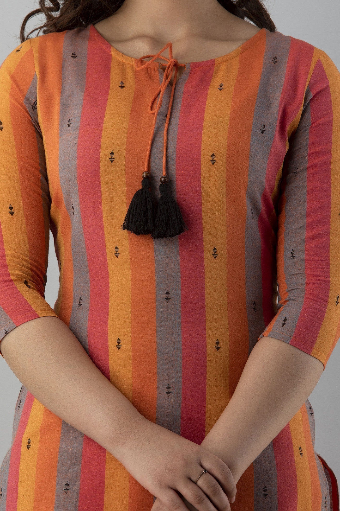 Women's Striped & Woven Cotton Blend Straight Kurta Pant & Dupatta Set (Orange)