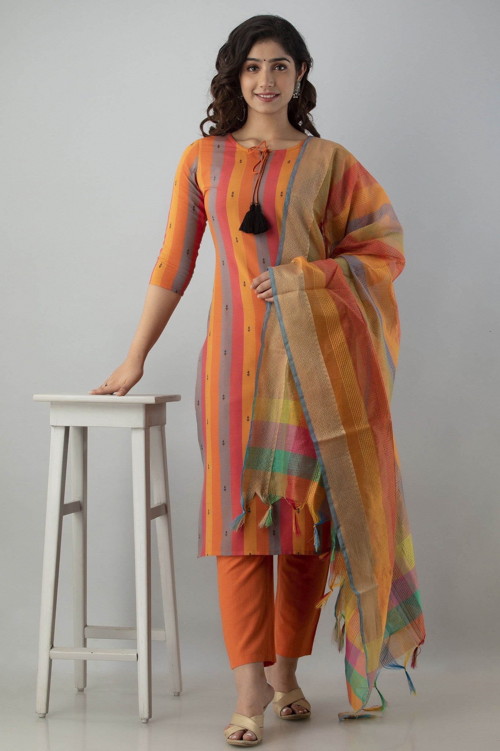 Women's Striped & Woven Cotton Blend Straight Kurta Pant & Dupatta Set (Orange)