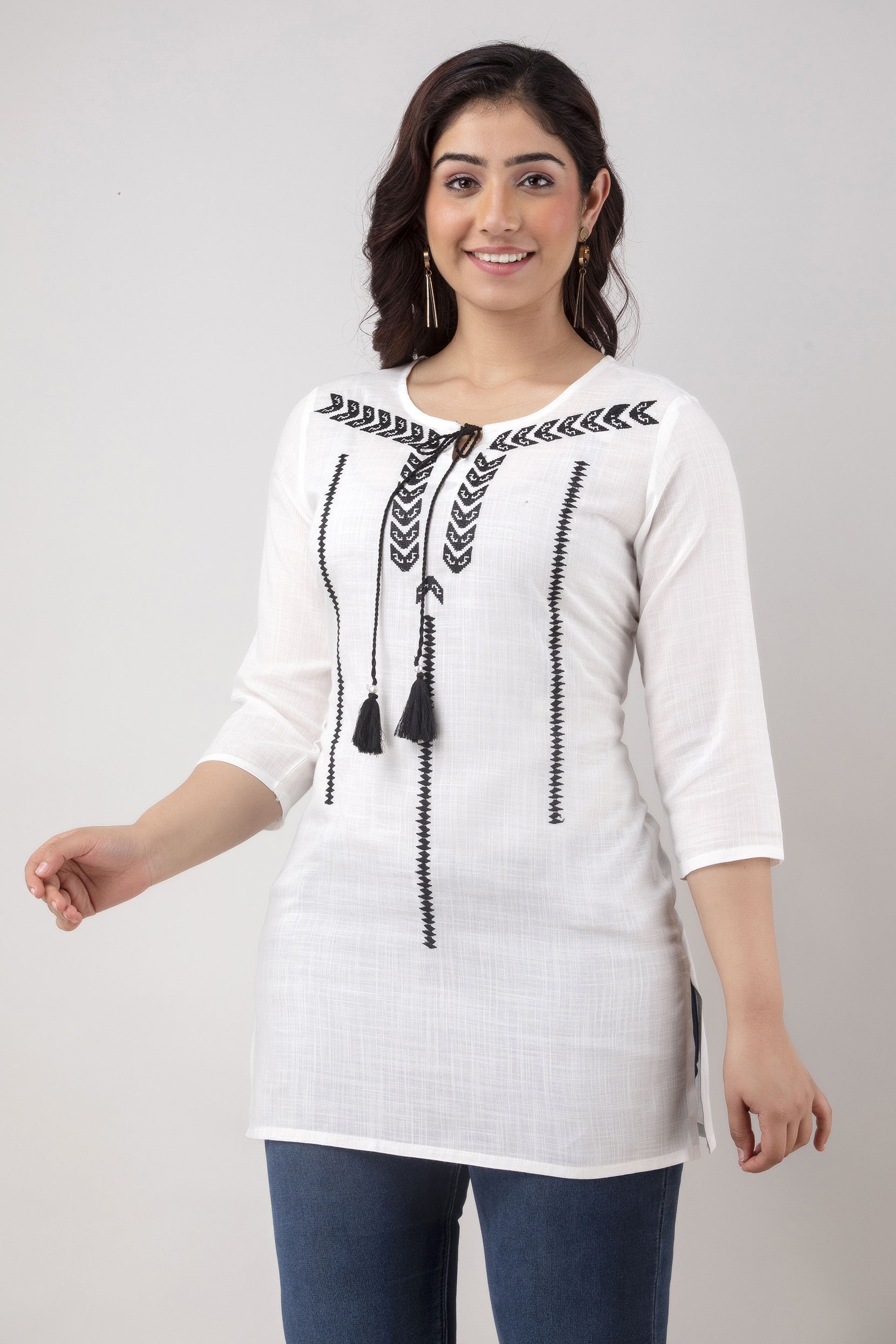 Women's Embroidered Viscose Rayon Regular Top (White) - Charu USA
