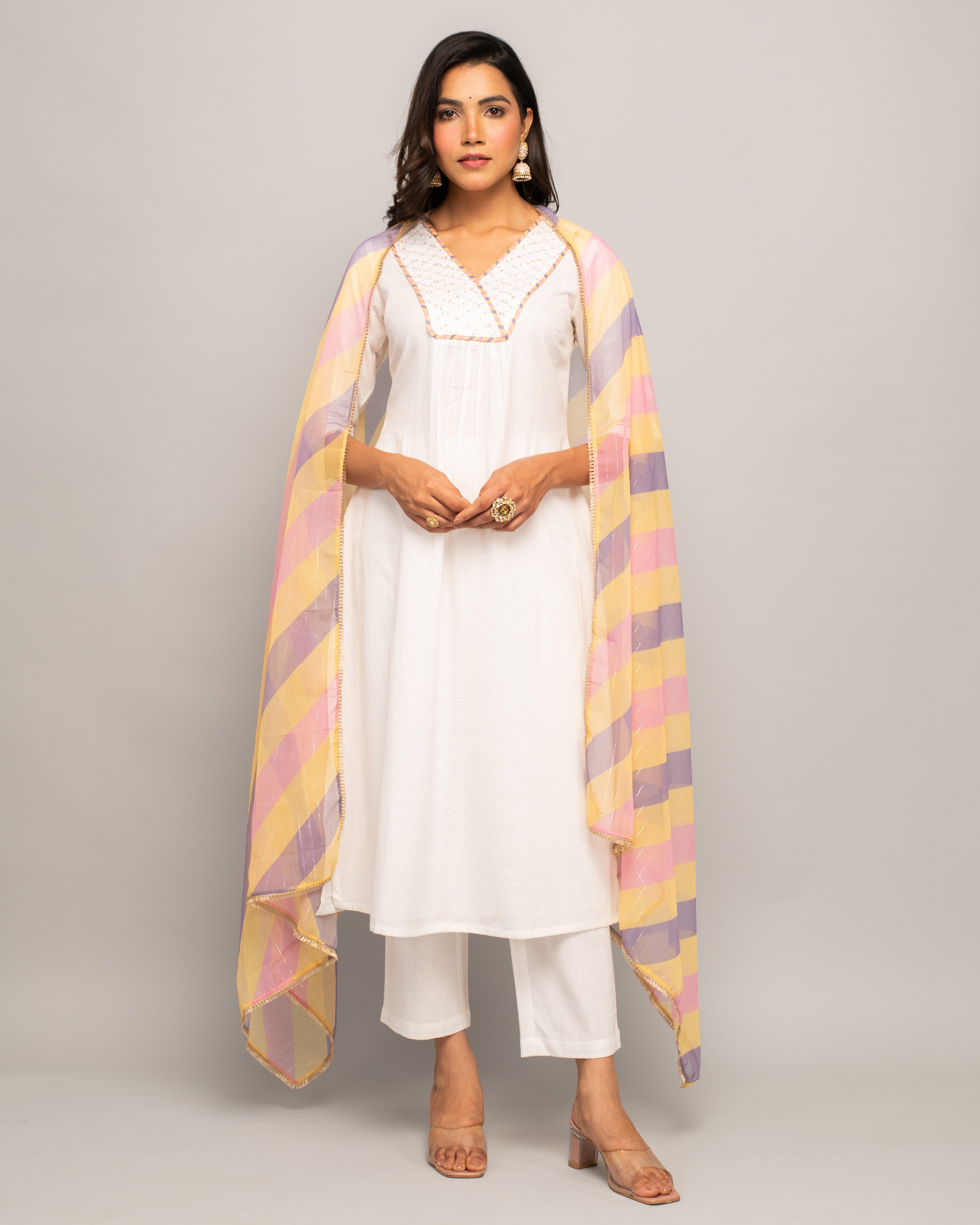 Women's Whiite Cotton A-Line Kurta Pant With dupatta