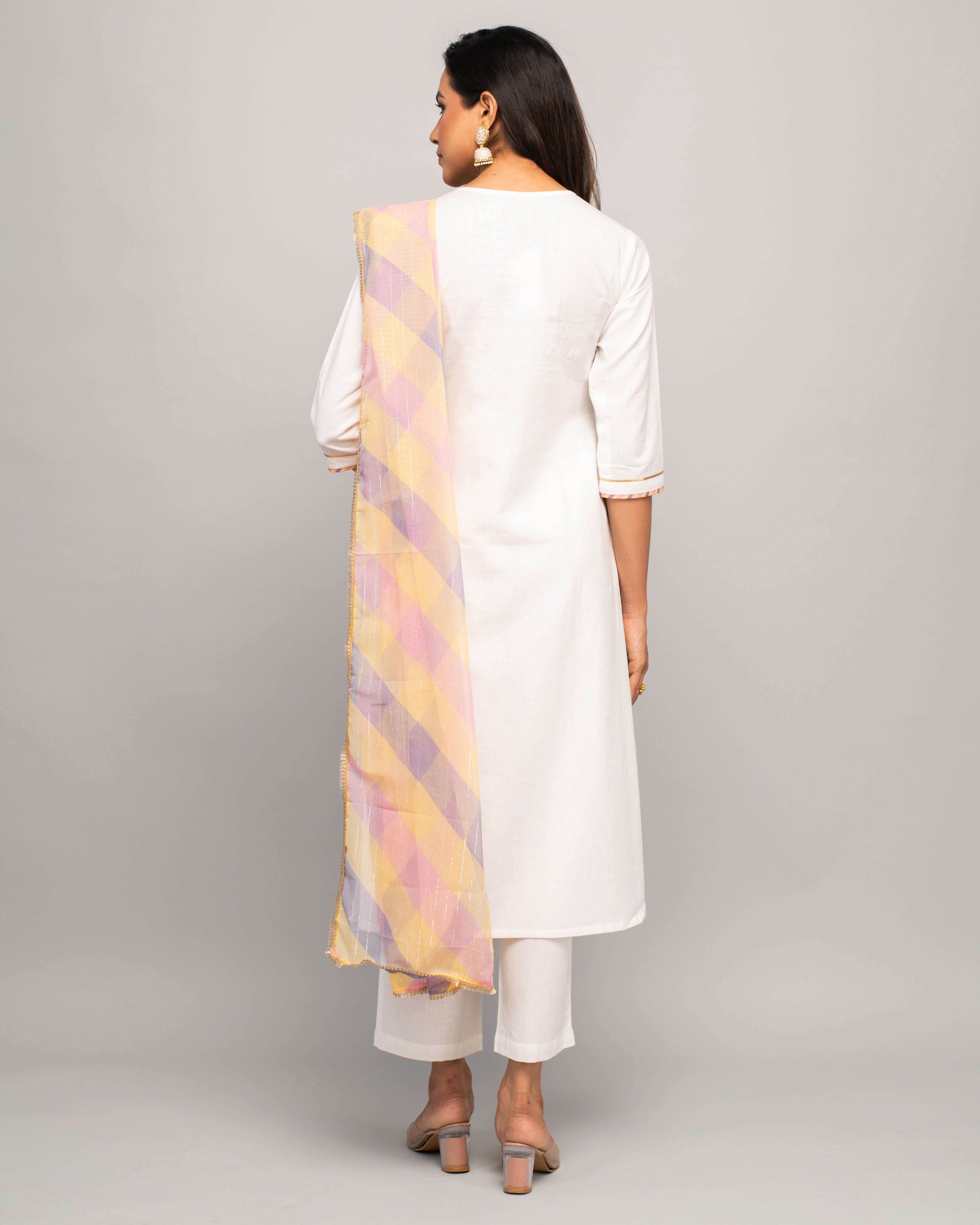 Women's Whiite Cotton A-Line Kurta Pant With dupatta