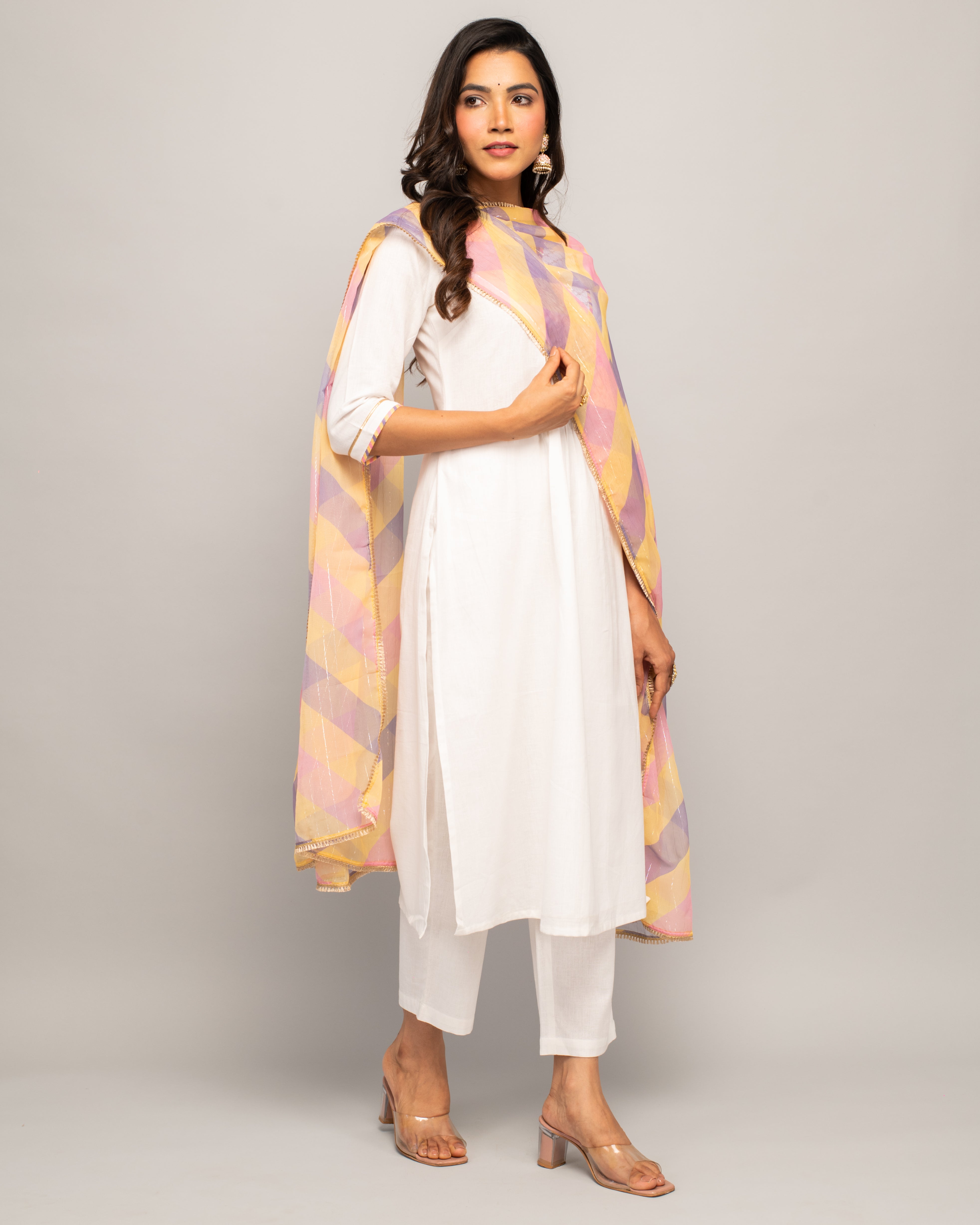 Women's Whiite Cotton A-Line Kurta Pant With dupatta