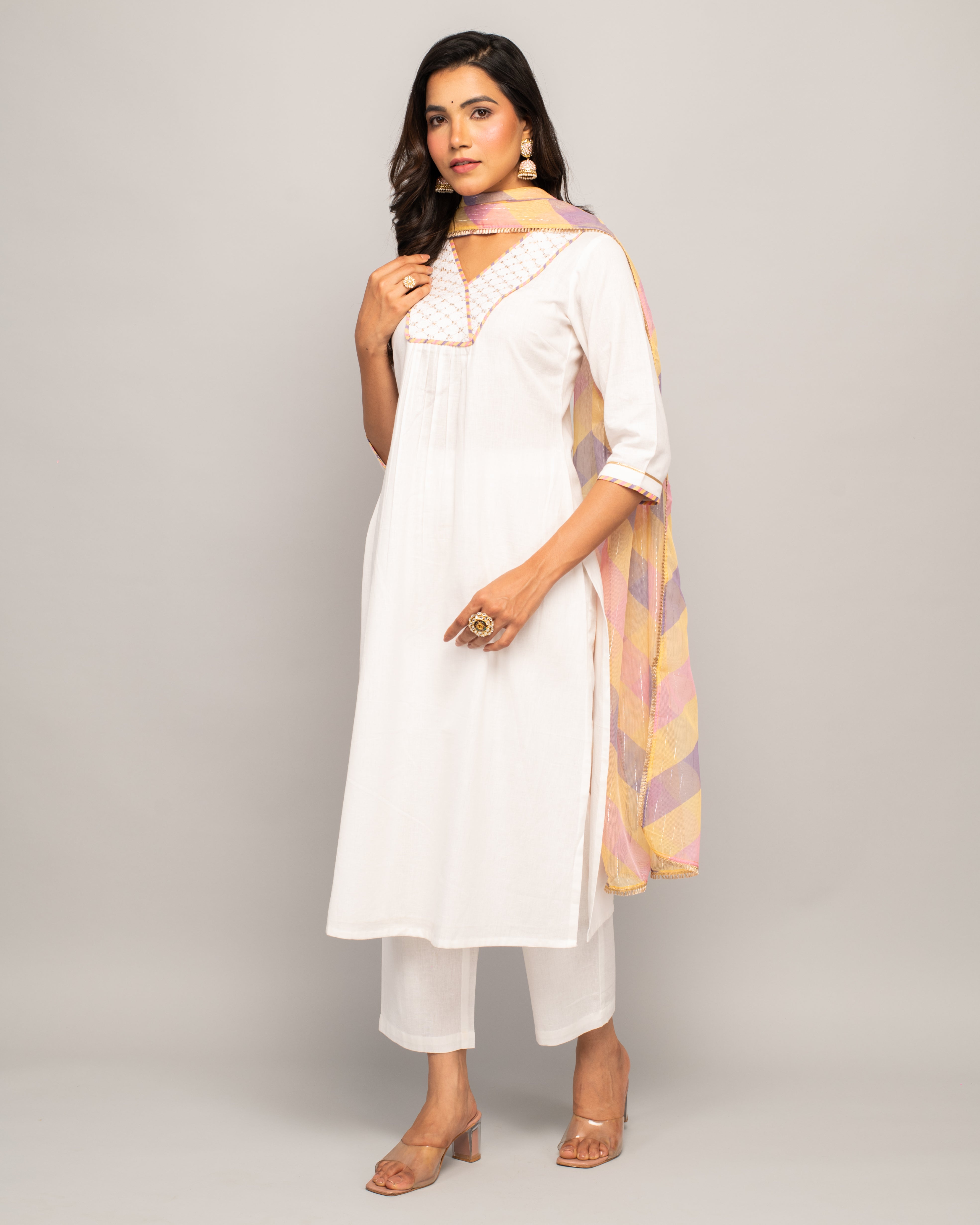 Women's Whiite Cotton A-Line Kurta Pant With dupatta
