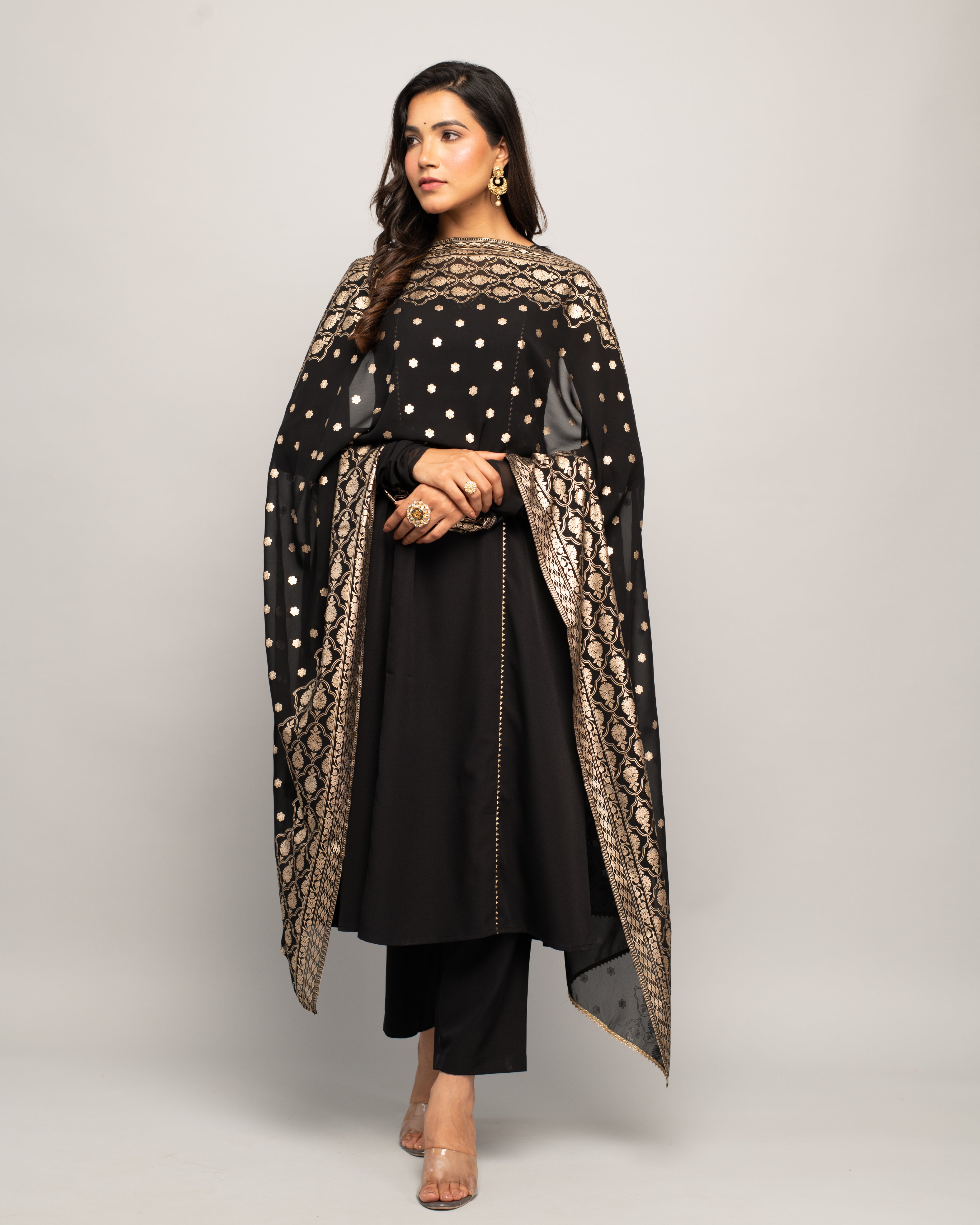 Women's Black Creap A-Line Kurta Pant With dupatta