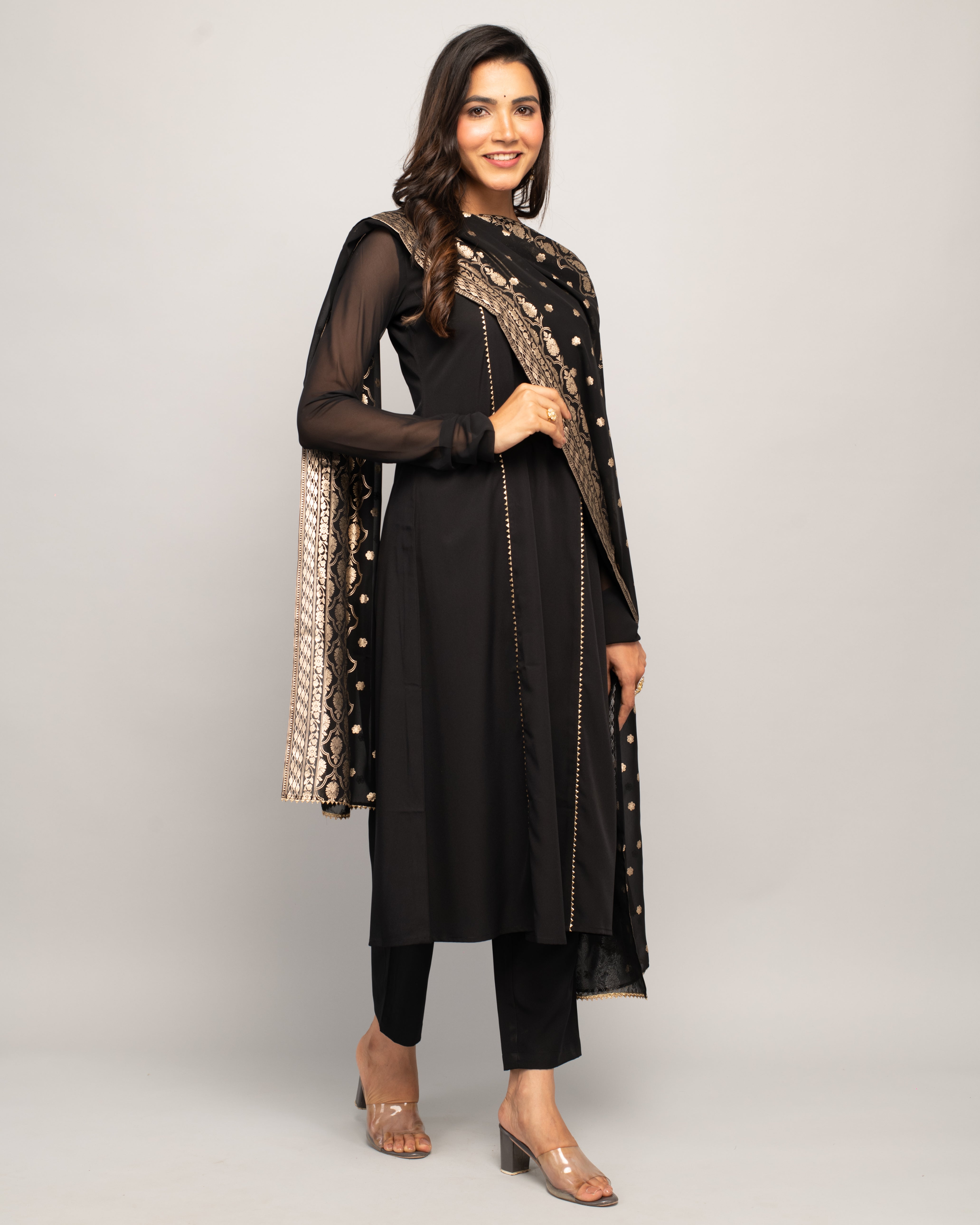Women's Black Creap A-Line Kurta Pant With dupatta