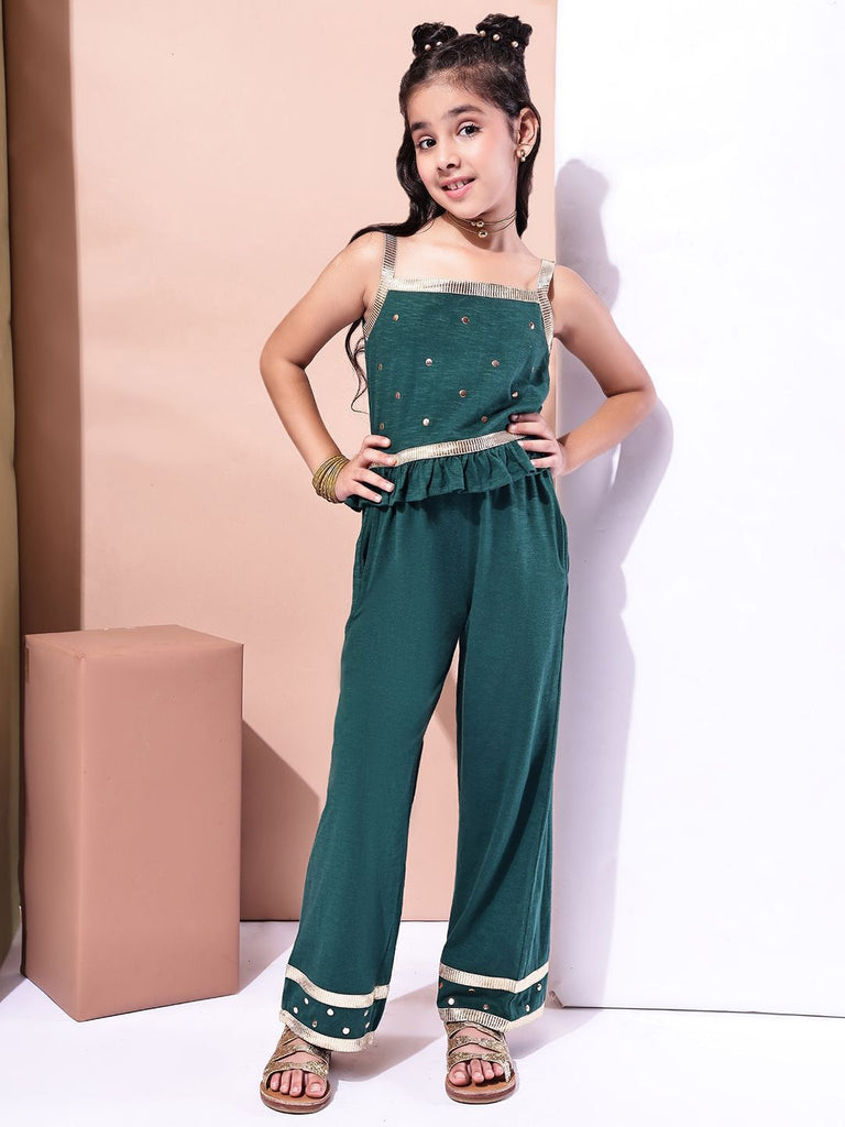 Girl's Green Pure Cotton Embellished Co-Ord Set