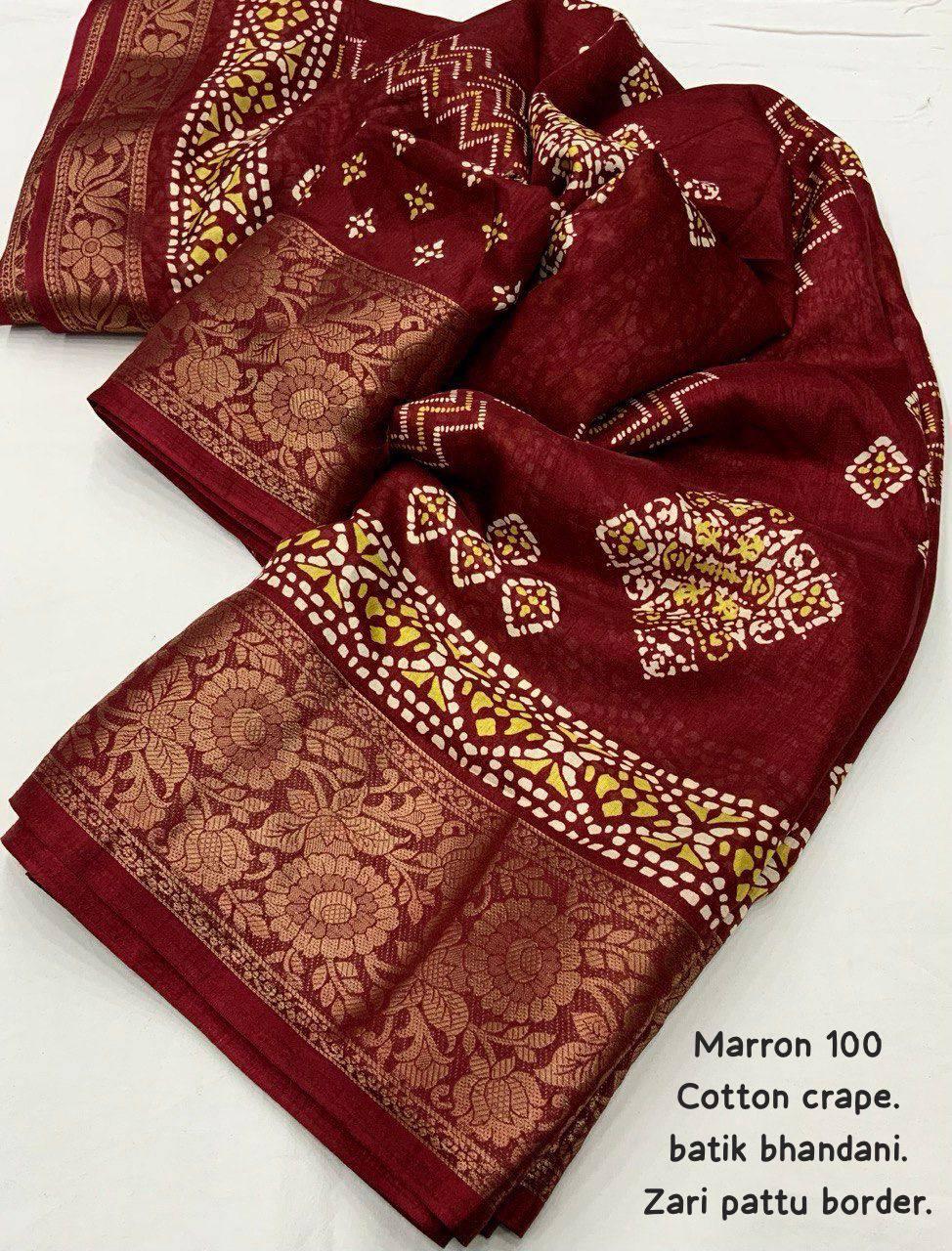 Women's Maroon Soft Cotton Crape Saree With Blouse - A2M