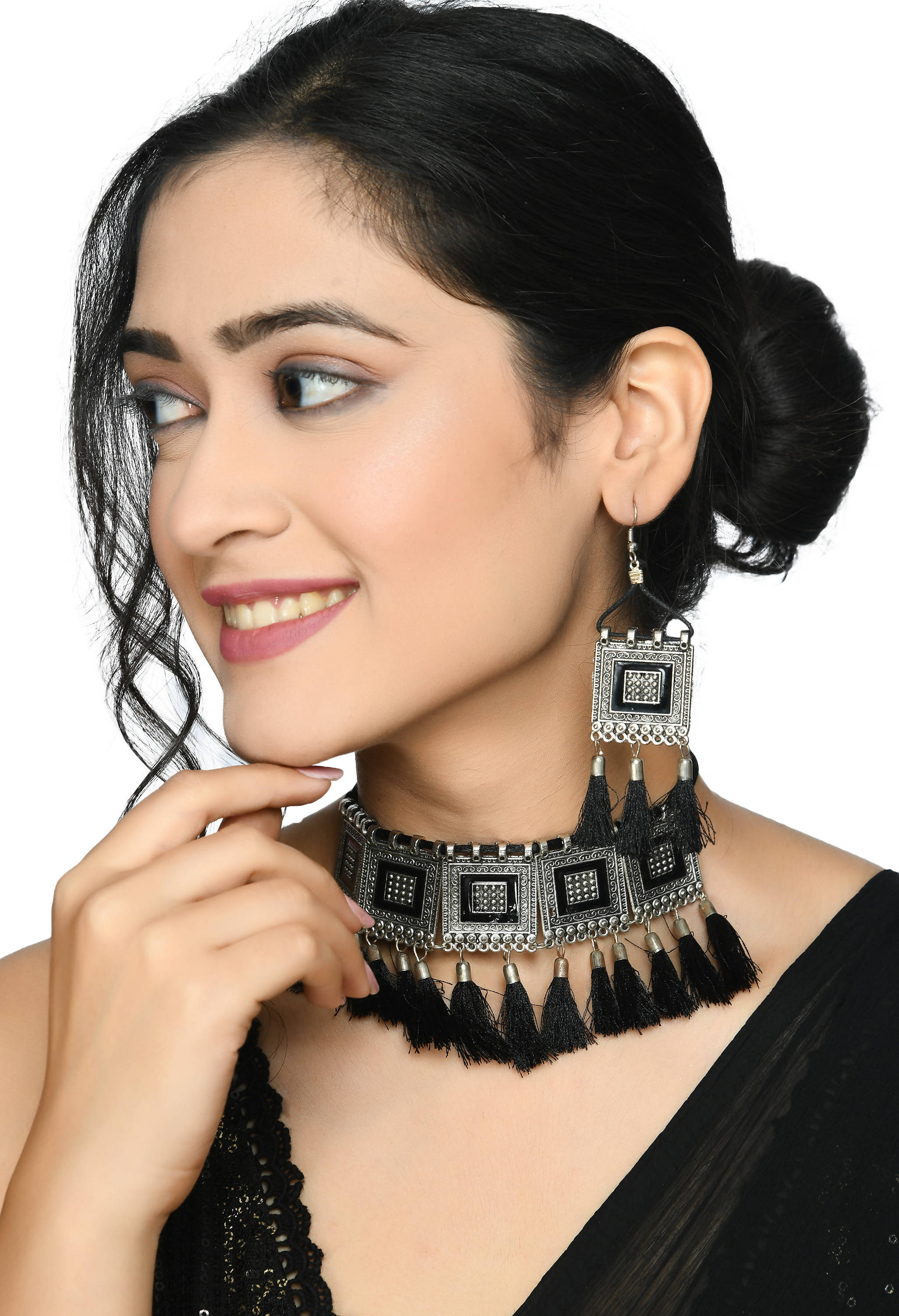 Kamal Johar Choker Necklace Set silver color base with Black yarn d