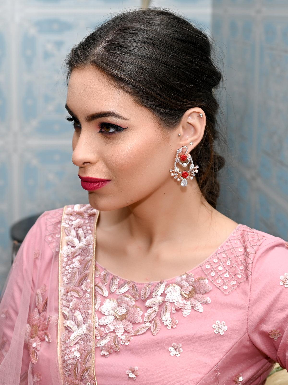 Women's Luxuriant Rose Studded Dangling Earring