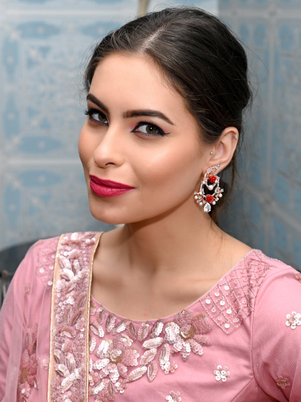 Women's Luxuriant Rose Studded Dangling Earring