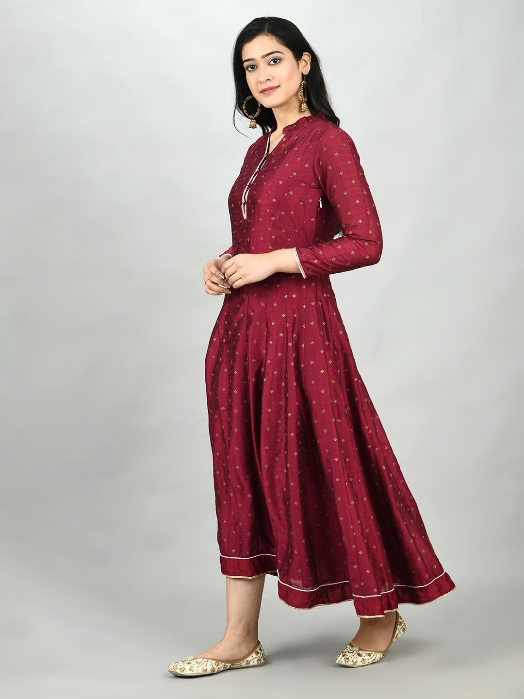 Women's Wine Georgette Printed 3/4 Sleeve Mandarin Neck Casual Anarkali Kurta Dupatta Set