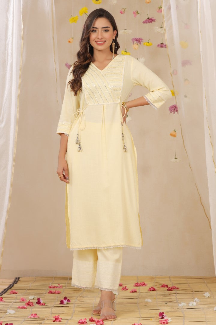 Women's Yellow Cotton Blend Printed Kurta Set