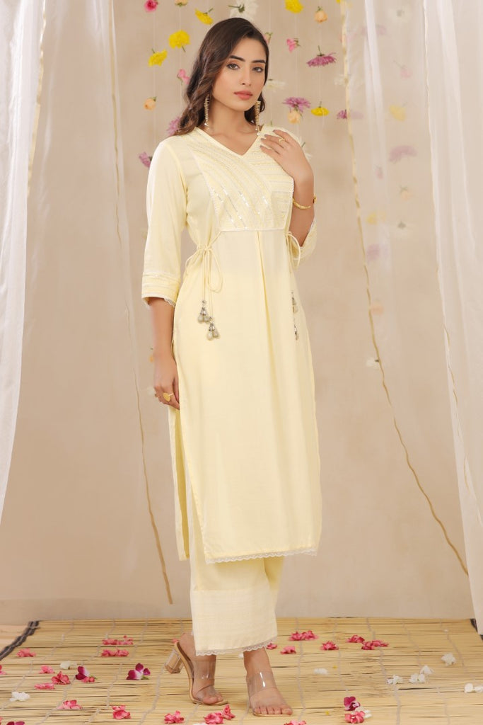 Women's Yellow Cotton Blend Printed Kurta Set