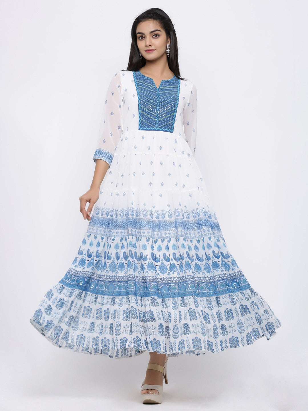 Women's Blue Georgette Embroidered Tiered Dress - Juniper