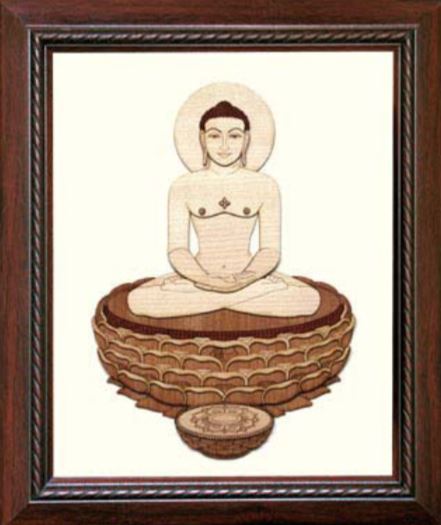 Lord Mahavir with Lotus Decorative Frame – Handcrafted Wooden Jain Wall Art