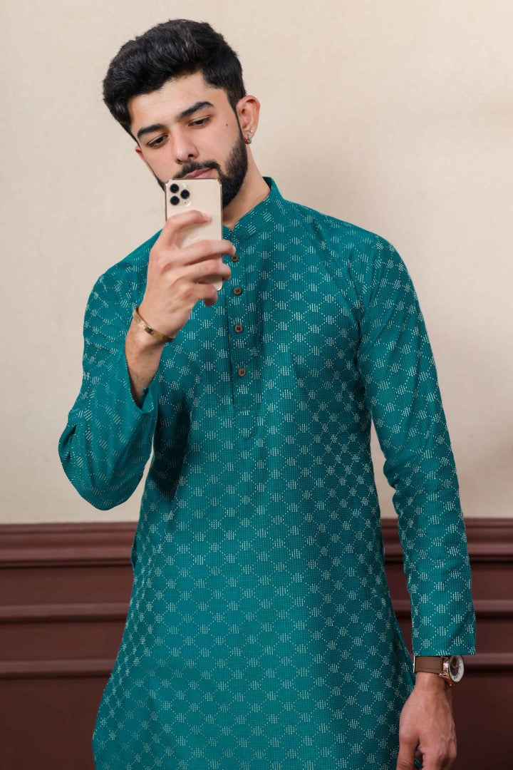 Men's Teal Cotton Solid Kurta - Panjari Store