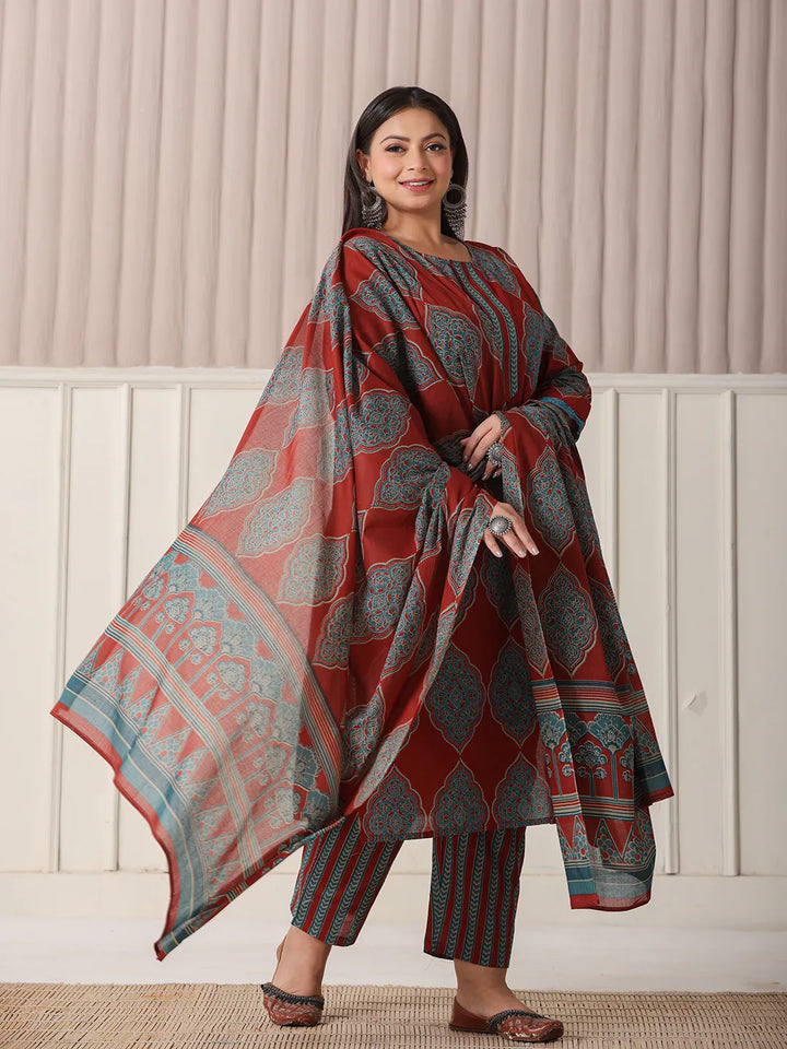 Women's Maroon Block Print Cotton Lace_Work Plus Size Kurta Set With Pant & Dupatta