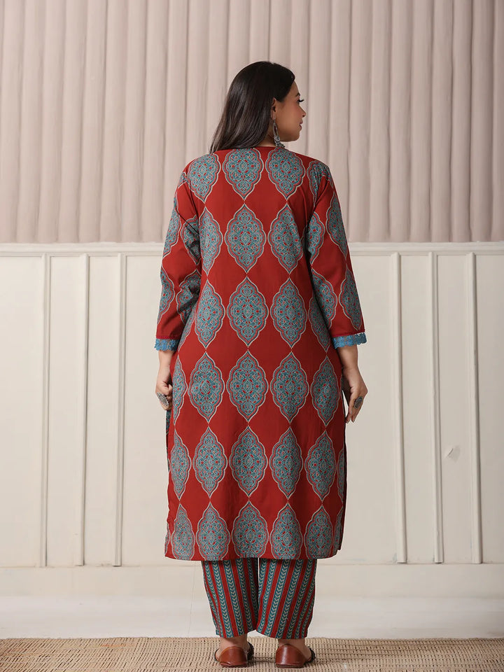 Women's Maroon Block Print Cotton Lace_Work Plus Size Kurta Set With Pant & Dupatta