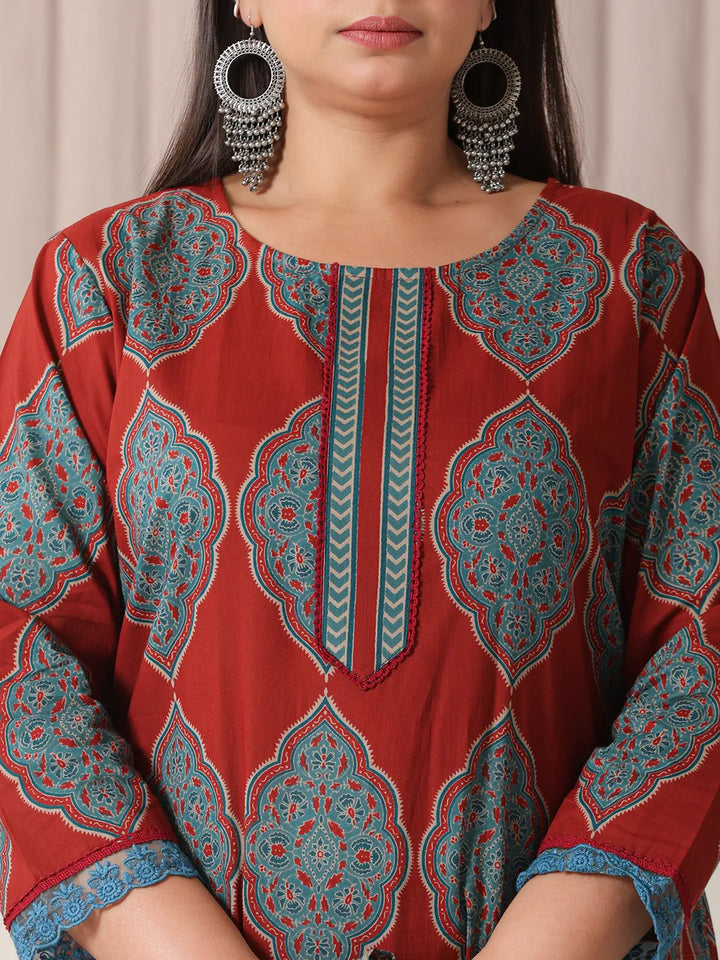 Women's Maroon Block Print Cotton Lace_Work Plus Size Kurta Set With Pant & Dupatta