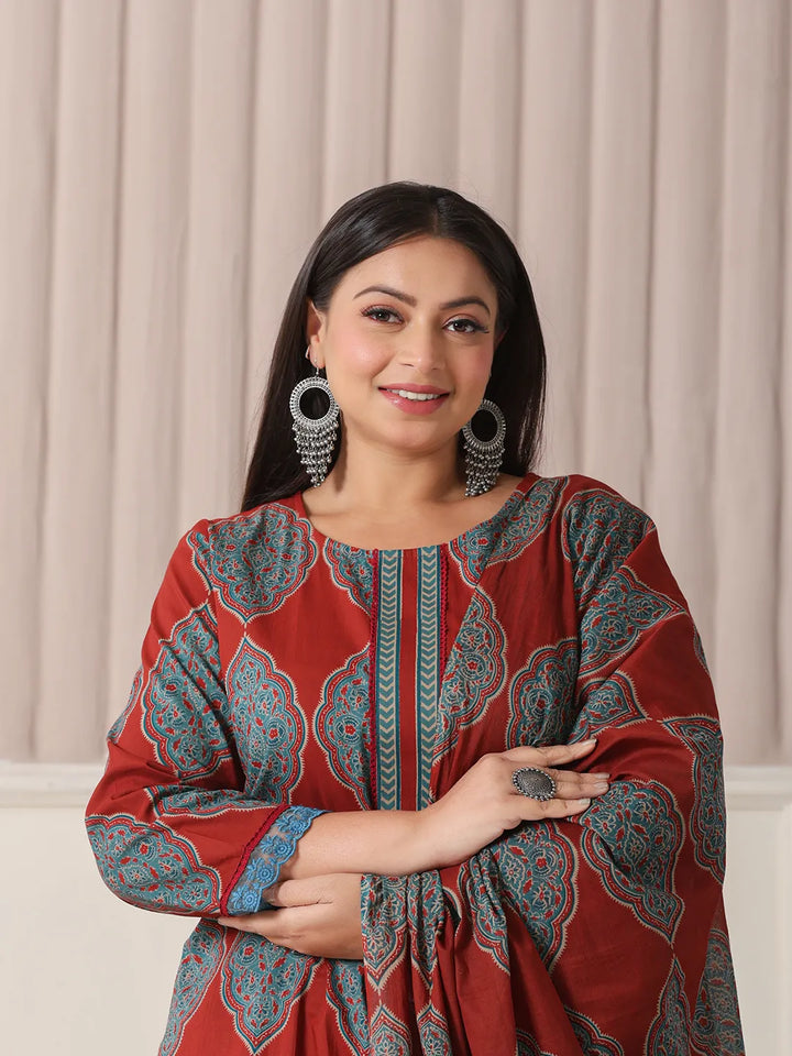 Women's Maroon Block Print Cotton Lace_Work Plus Size Kurta Set With Pant & Dupatta
