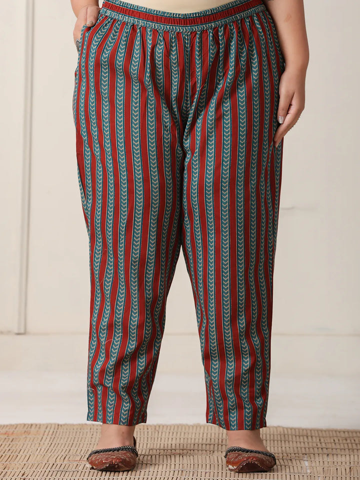 Women's Maroon Block Print Cotton Lace_Work Plus Size Kurta Set With Pant & Dupatta