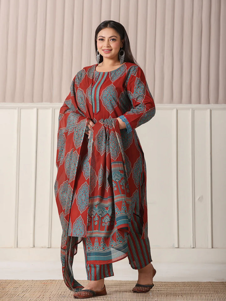 Women's Maroon Block Print Cotton Lace_Work Plus Size Kurta Set With Pant & Dupatta