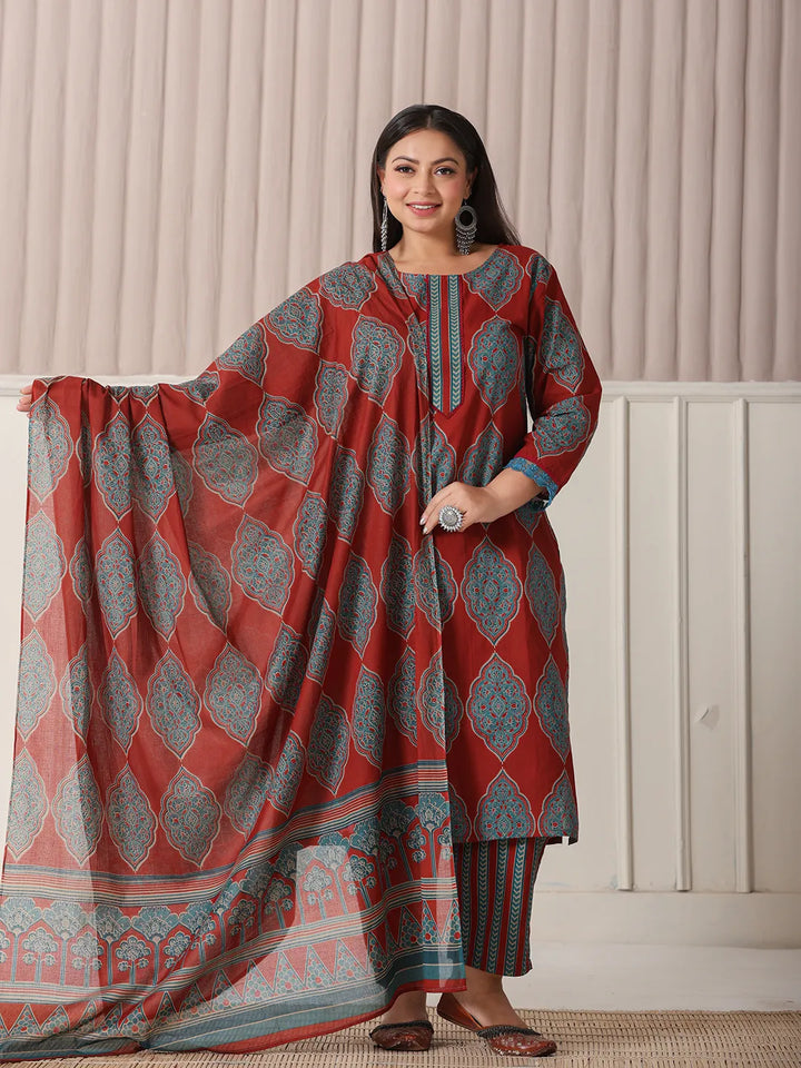 Women's Maroon Block Print Cotton Lace_Work Plus Size Kurta Set With Pant & Dupatta