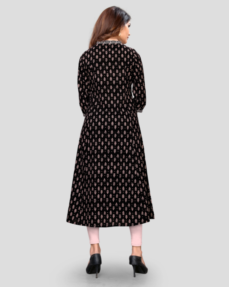 Women's Black Color Cotton Flared Kurta  (1Pc)
