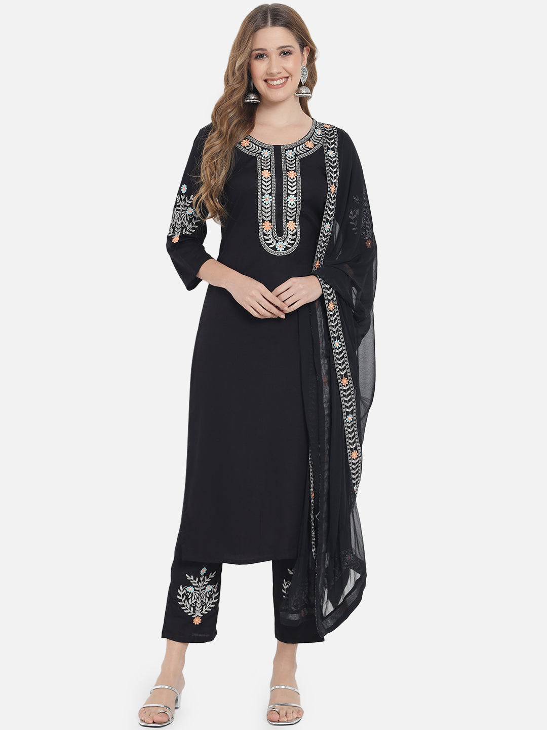 Women's Solid Black Embroidery Kurta Set with Dupatta