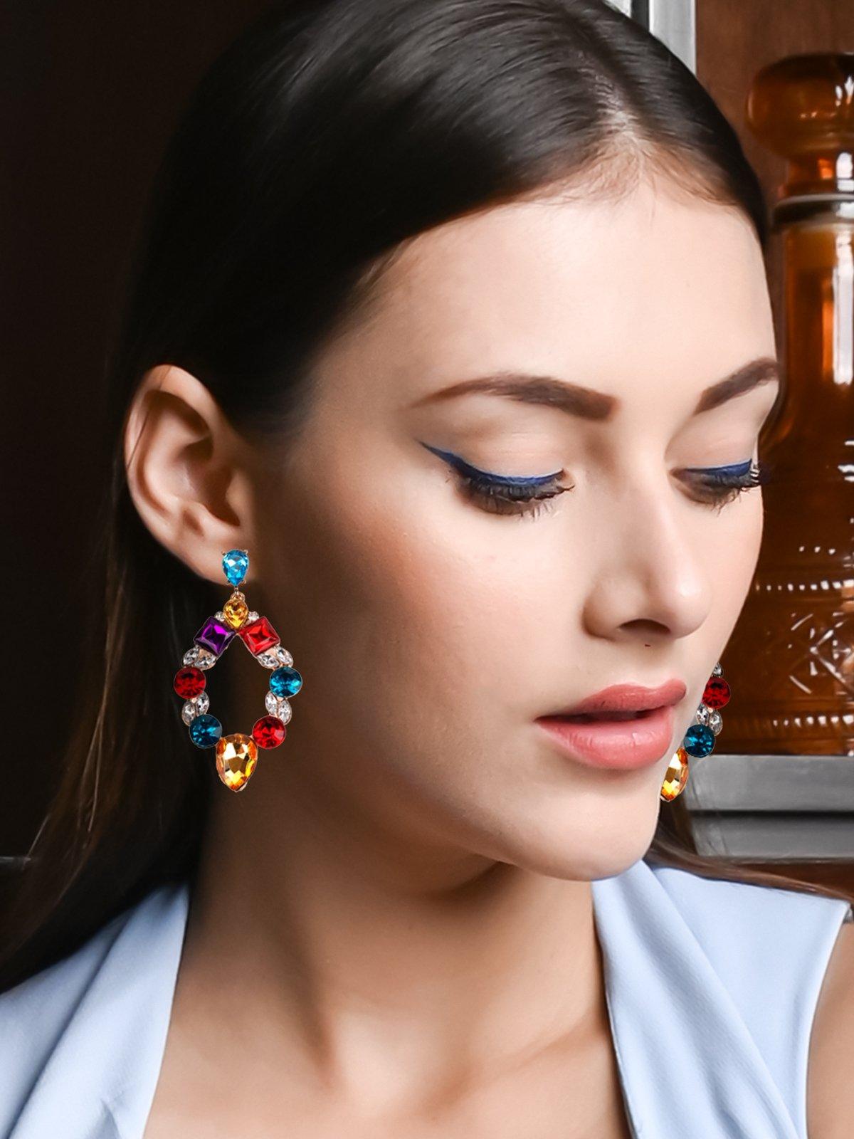Women's Multicolour Crystals Embellished Drop Earring