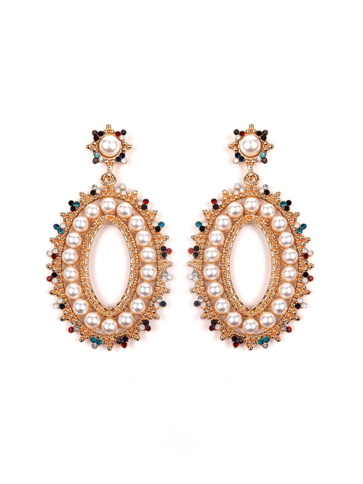 Women's Multicolour Moti Metallic Gold Drop Hoop Earring