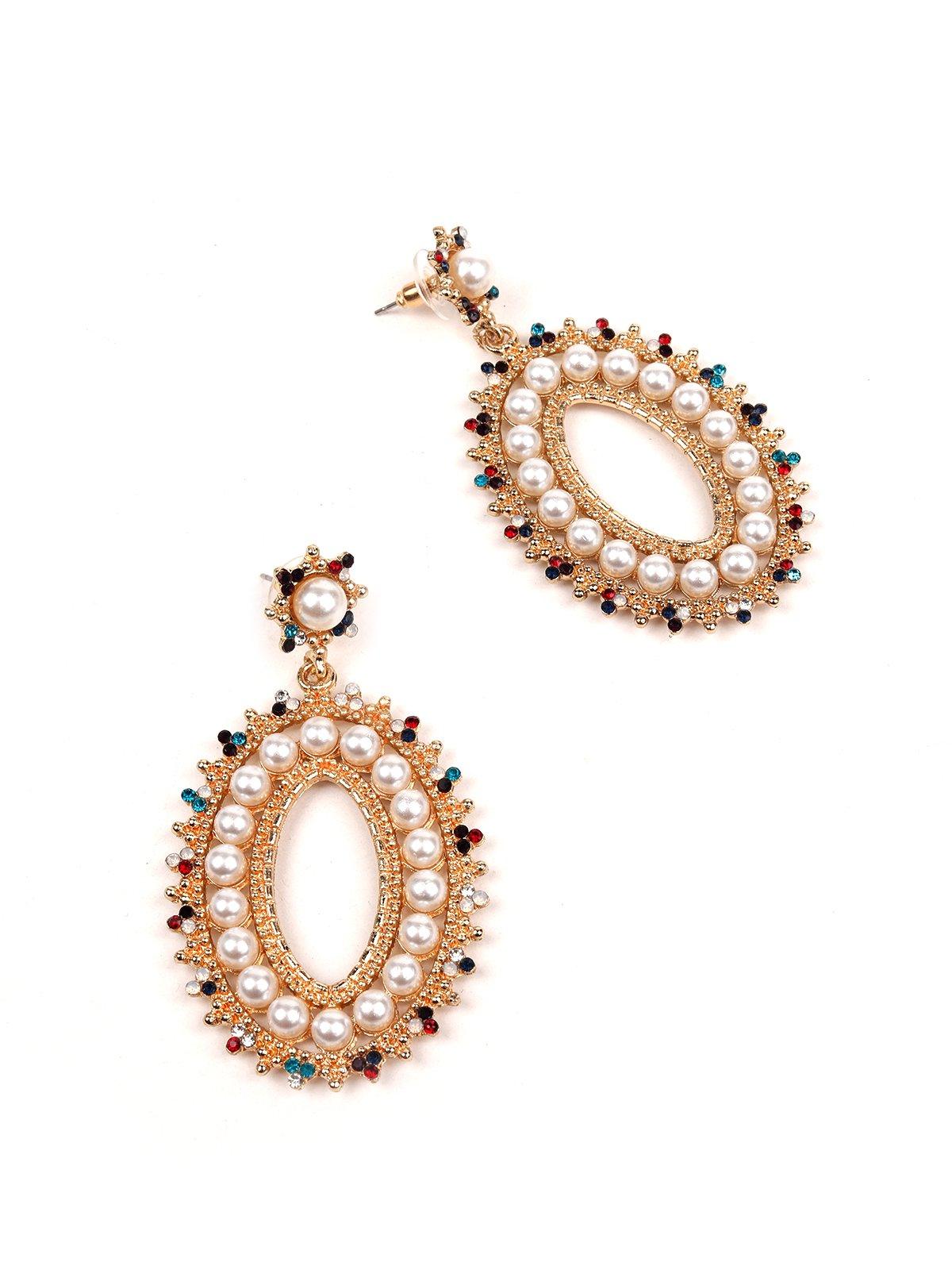 Women's Multicolour Moti Metallic Gold Drop Hoop Earring